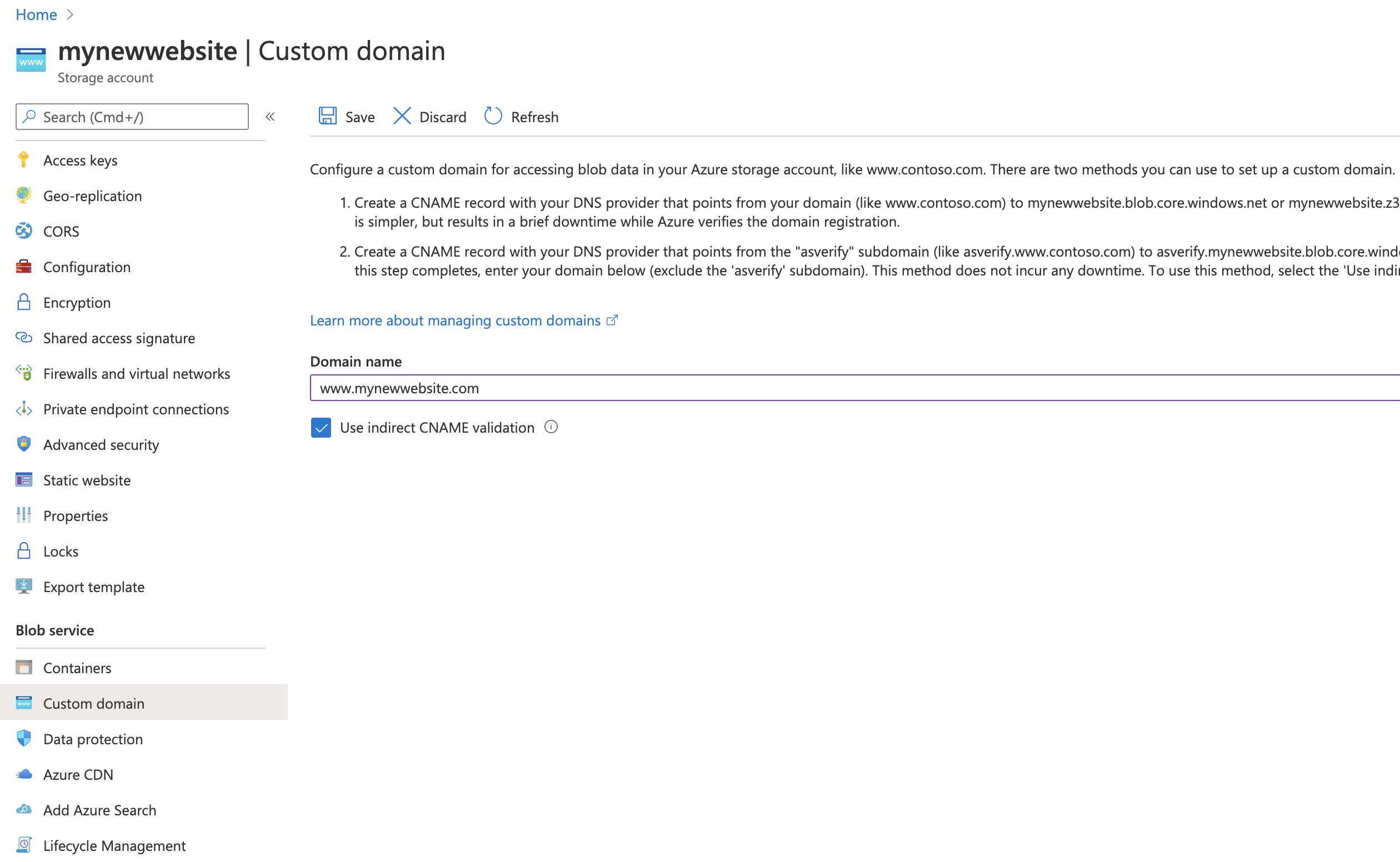 Azure Storage Account, Custom Domain Cname Validation