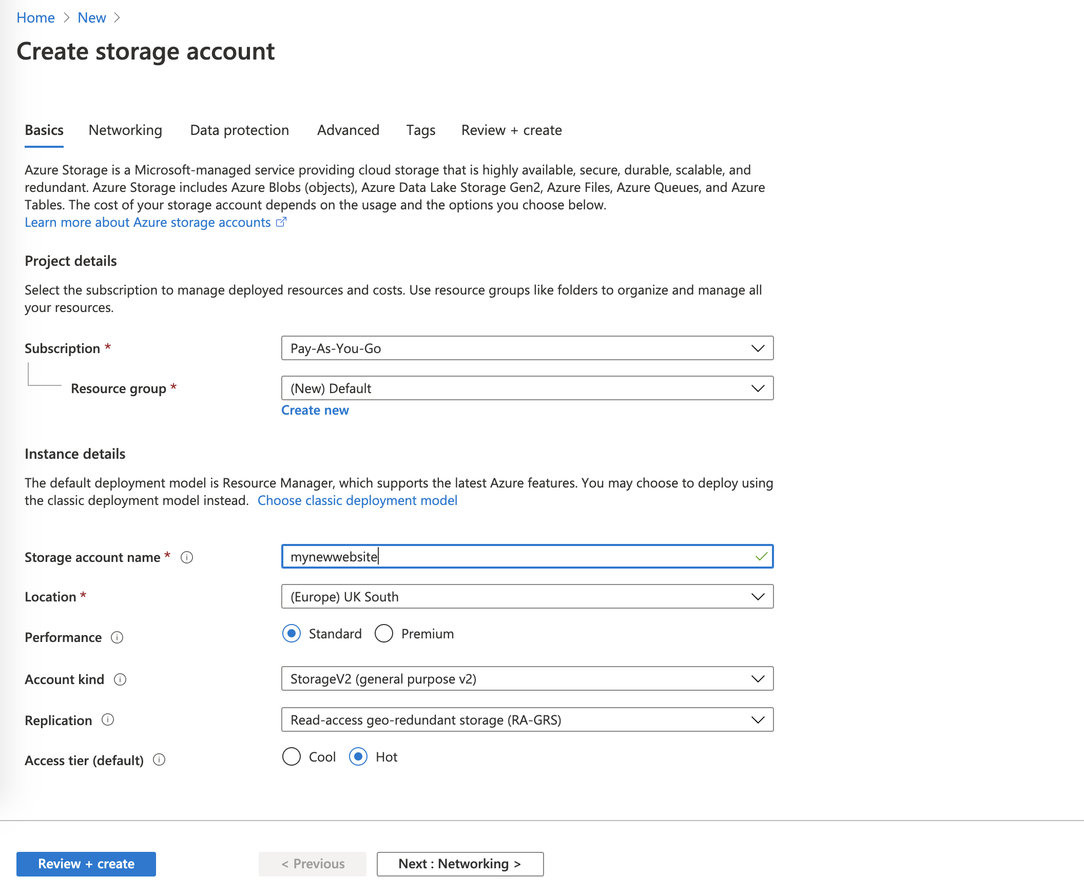 Azure Storage Account, Create Storage Account Configuration