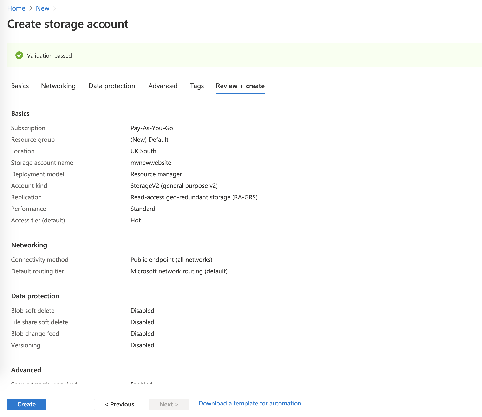 Azure Storage Account, Create Storage Account Configuration Pass