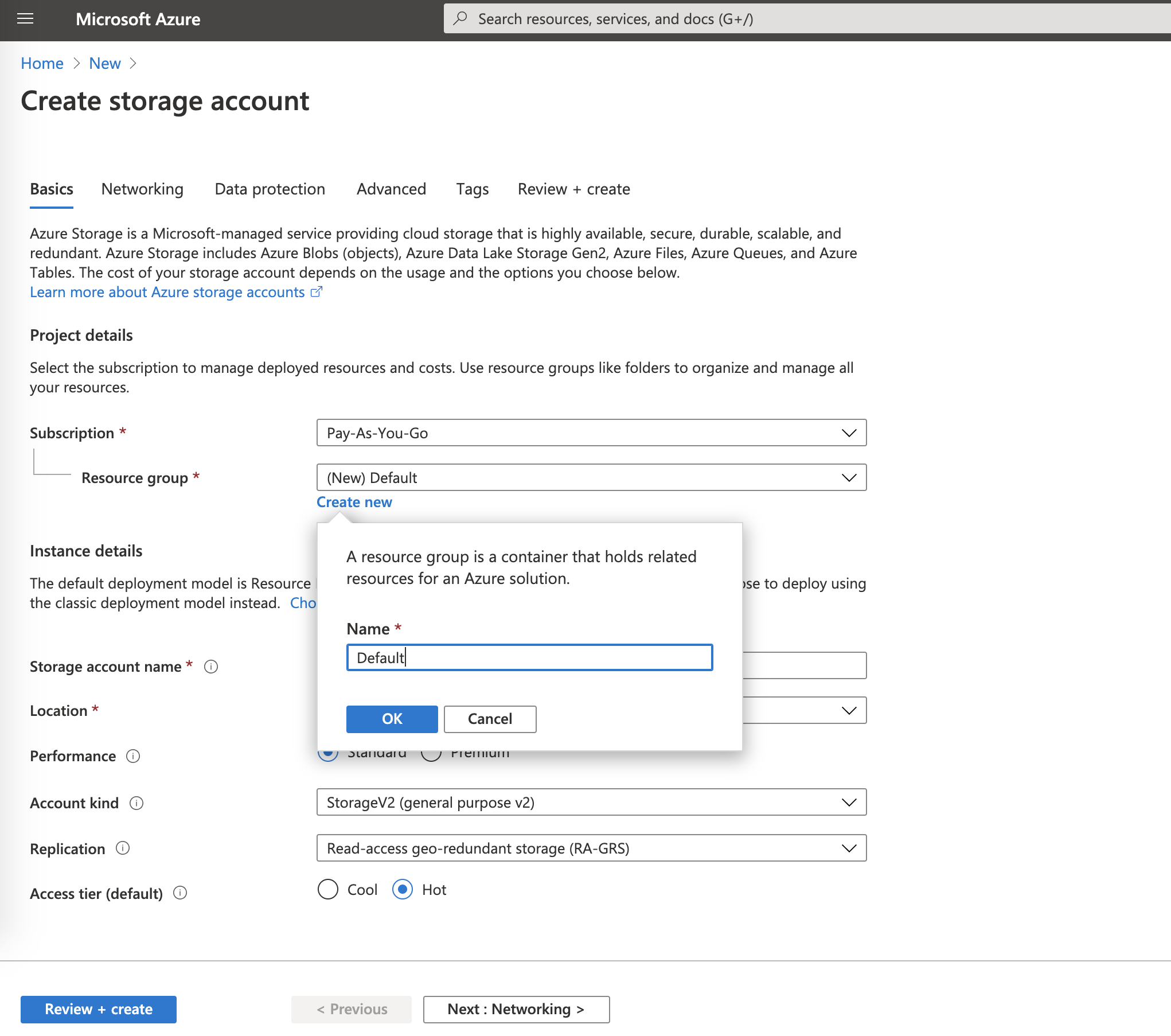 Azure Storage Account, Create Resource