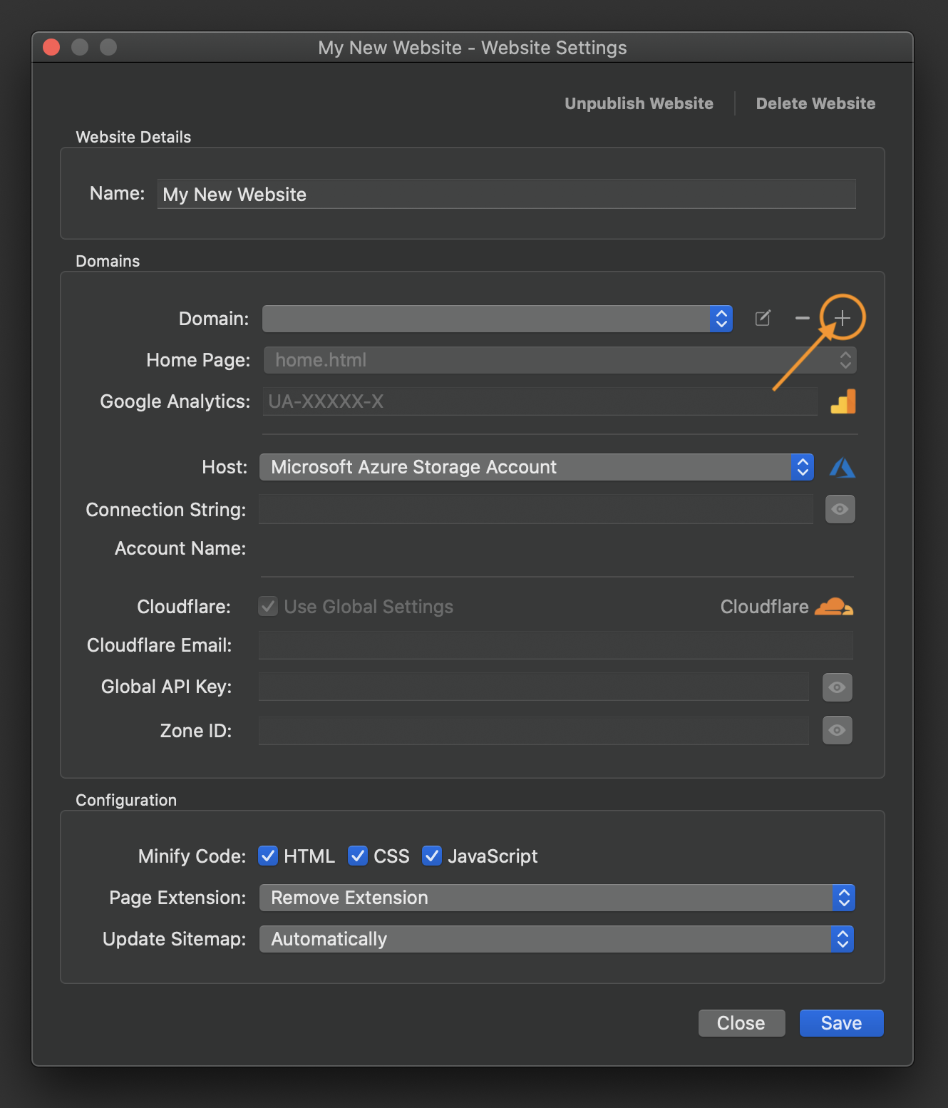 Azure Storage Account, G2S Website Settings Add Domain