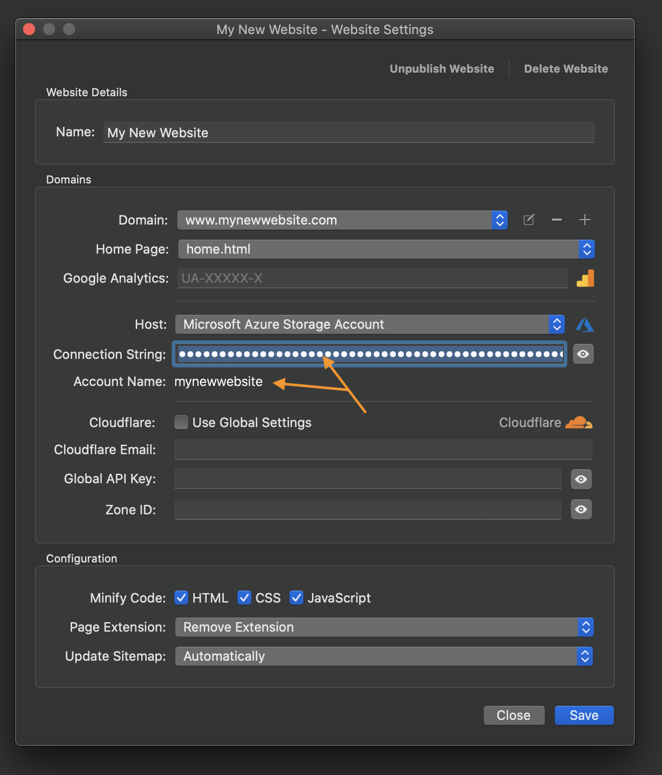 Azure Storage Account, G2S Website Settings Connection String