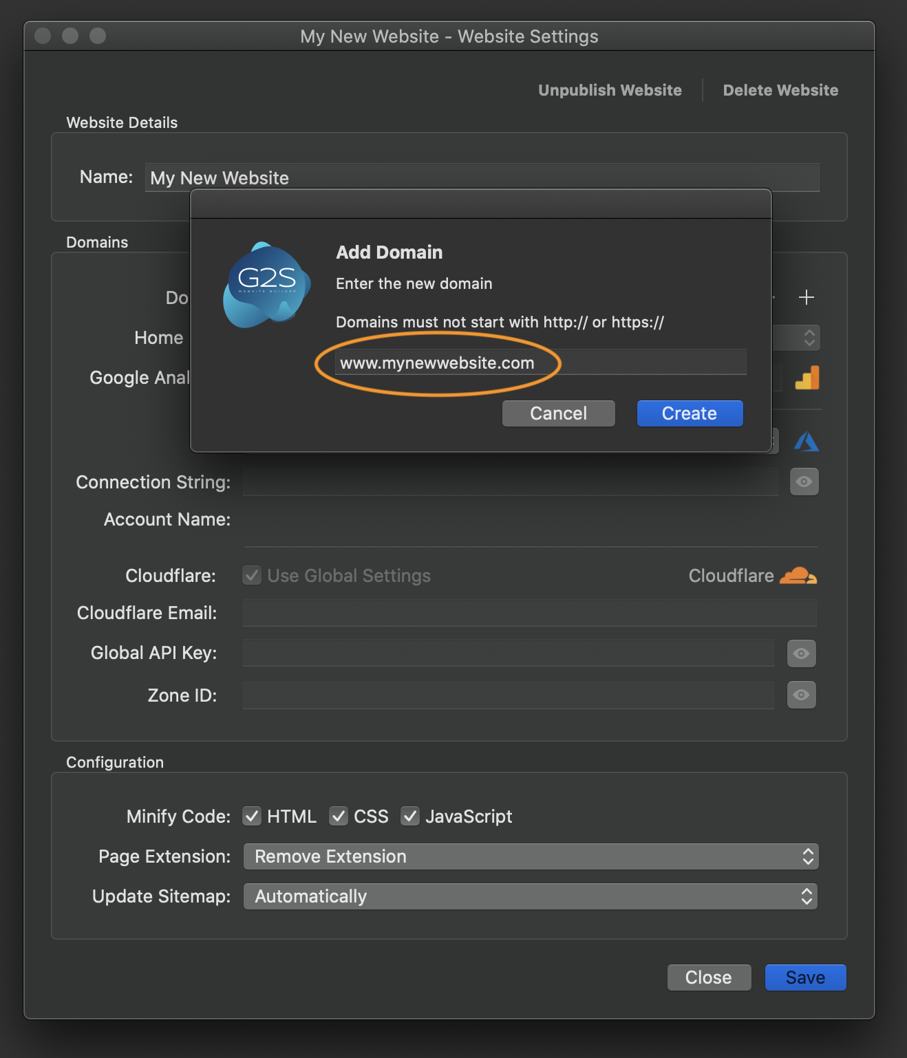 Azure Storage Account, G2S Website Settings Enter Domain