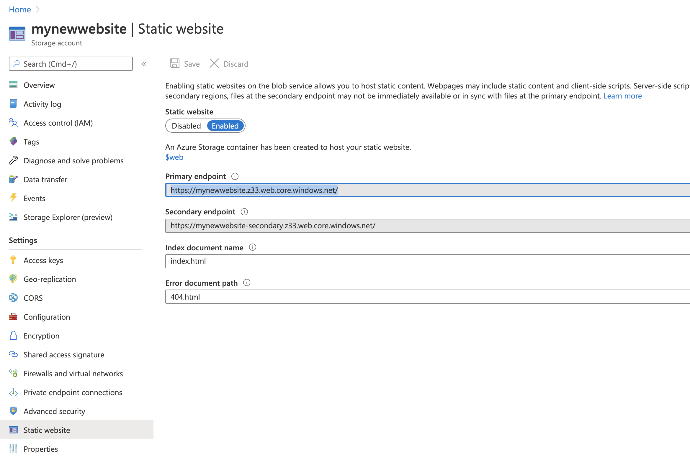 Azure Storage Account, Static Website Tab With Endpoint