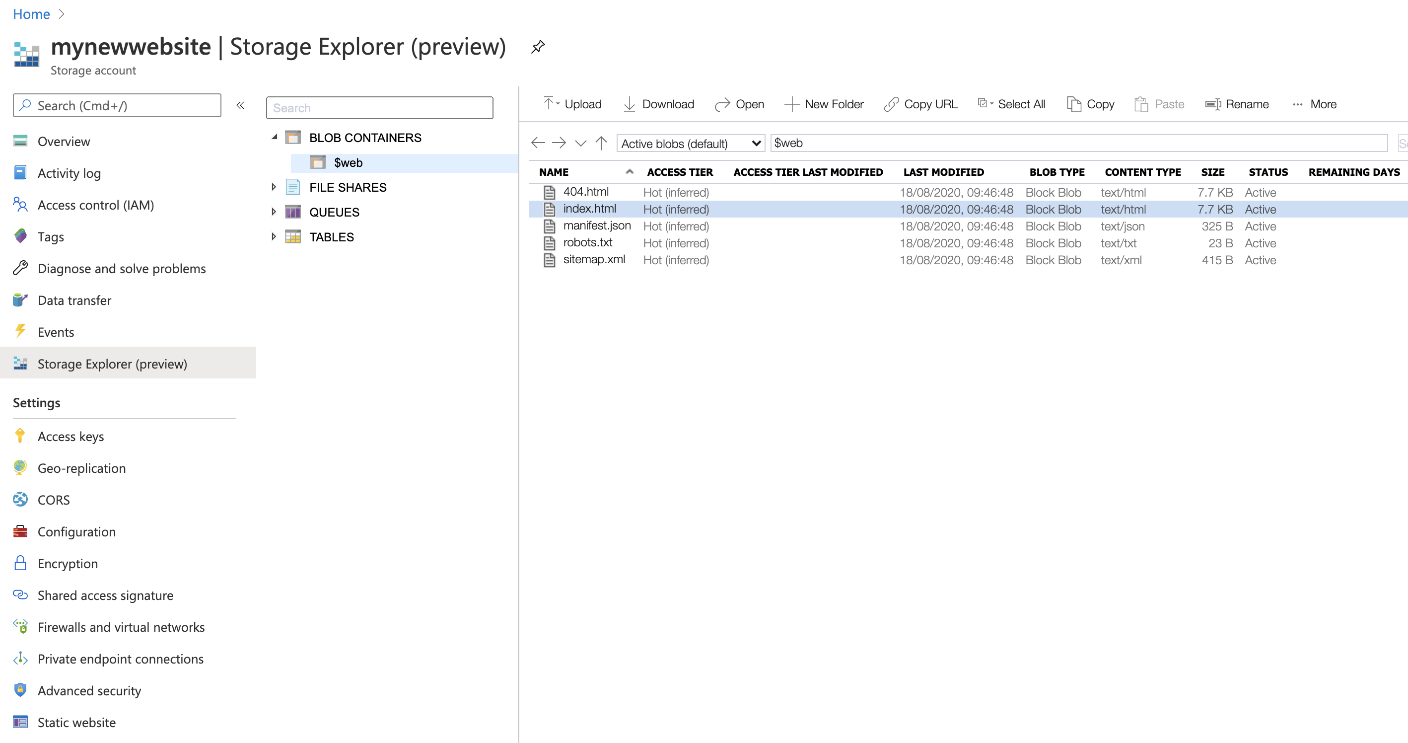 Azure Storage Account, Storage Explorer Tab View Website