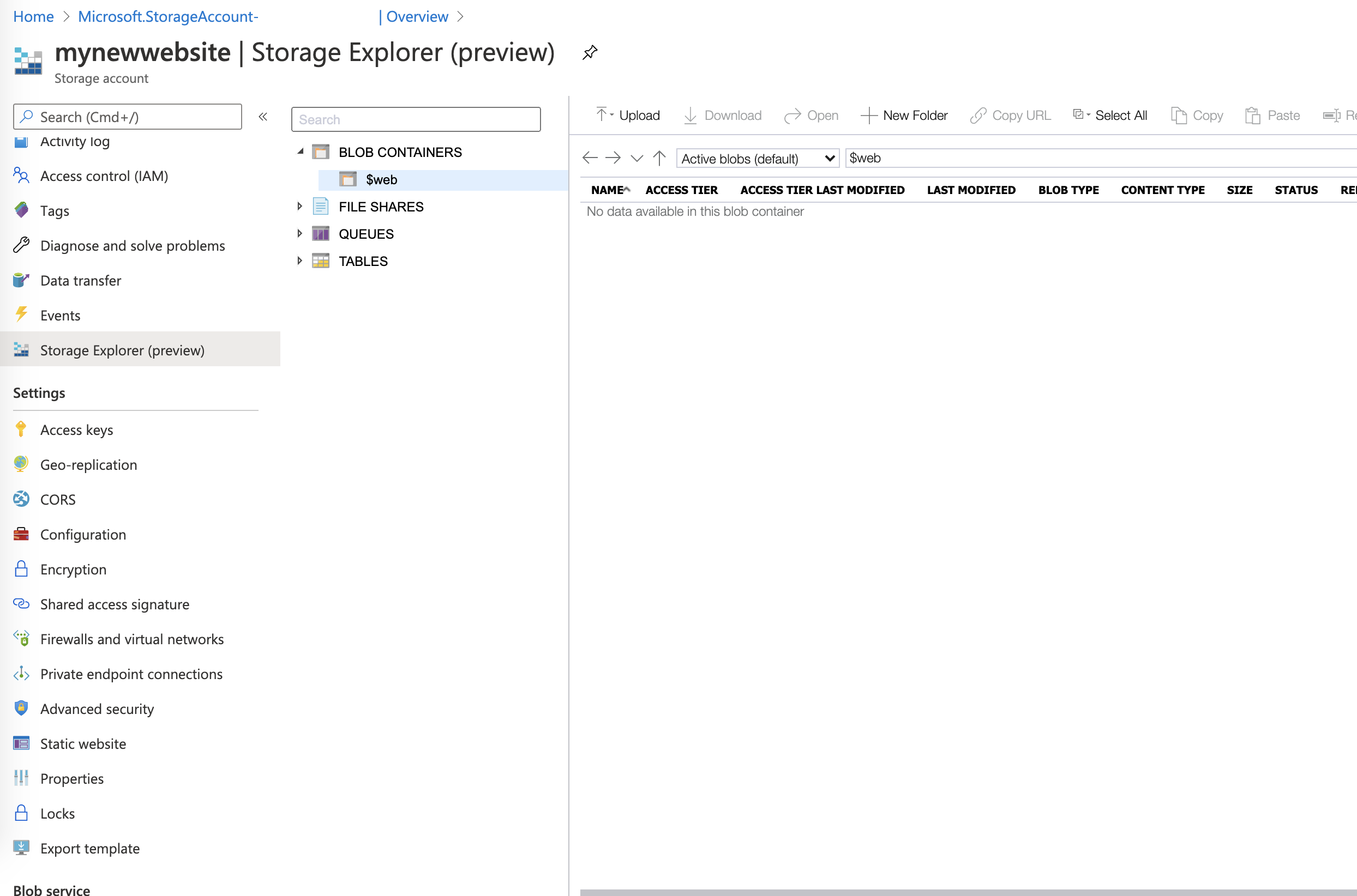 Azure Storage Account, Storage Explorer Tab